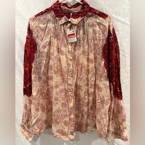 FP Movement by Free People Red and Cream Button Down Shirt